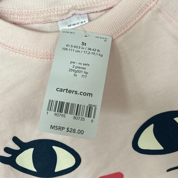 Brand New Carter’s 2-Piece Set Pink Kitty Cat Sweatshirt & Navy Heart Leggings - Picture 4 of 12